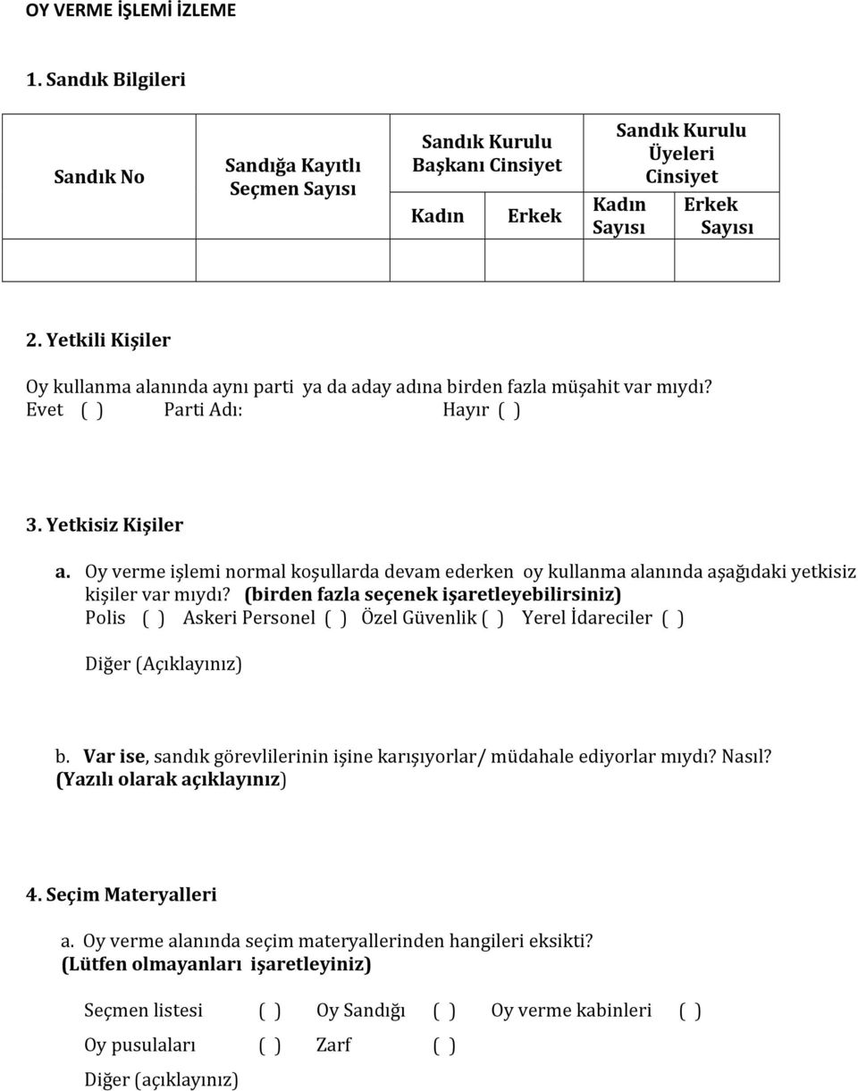 Oy verme işlemi normal koşullarda devam ederken oy kullanma alanında aşağıdaki yetkisiz kişiler var mıydı?