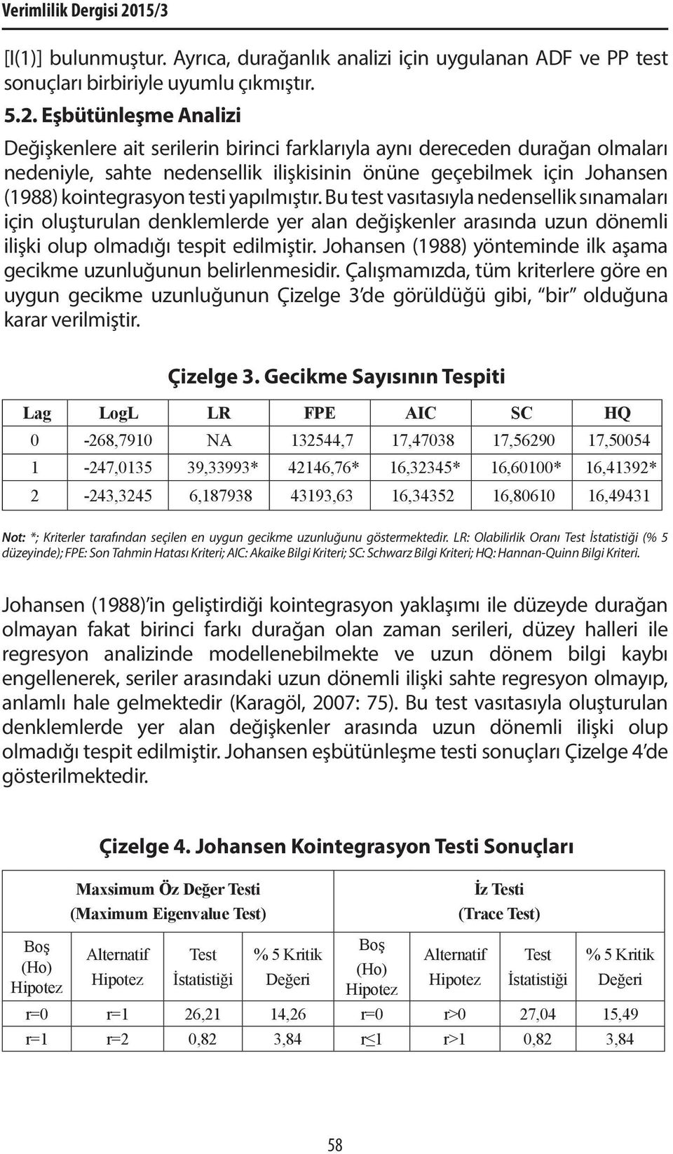 Eşbütünleşme Analizi Değişkenlere ait serilerin birinci farklarıyla aynı dereceden durağan olmaları nedeniyle, sahte nedensellik ilişkisinin önüne geçebilmek için Johansen (1988) kointegrasyon testi