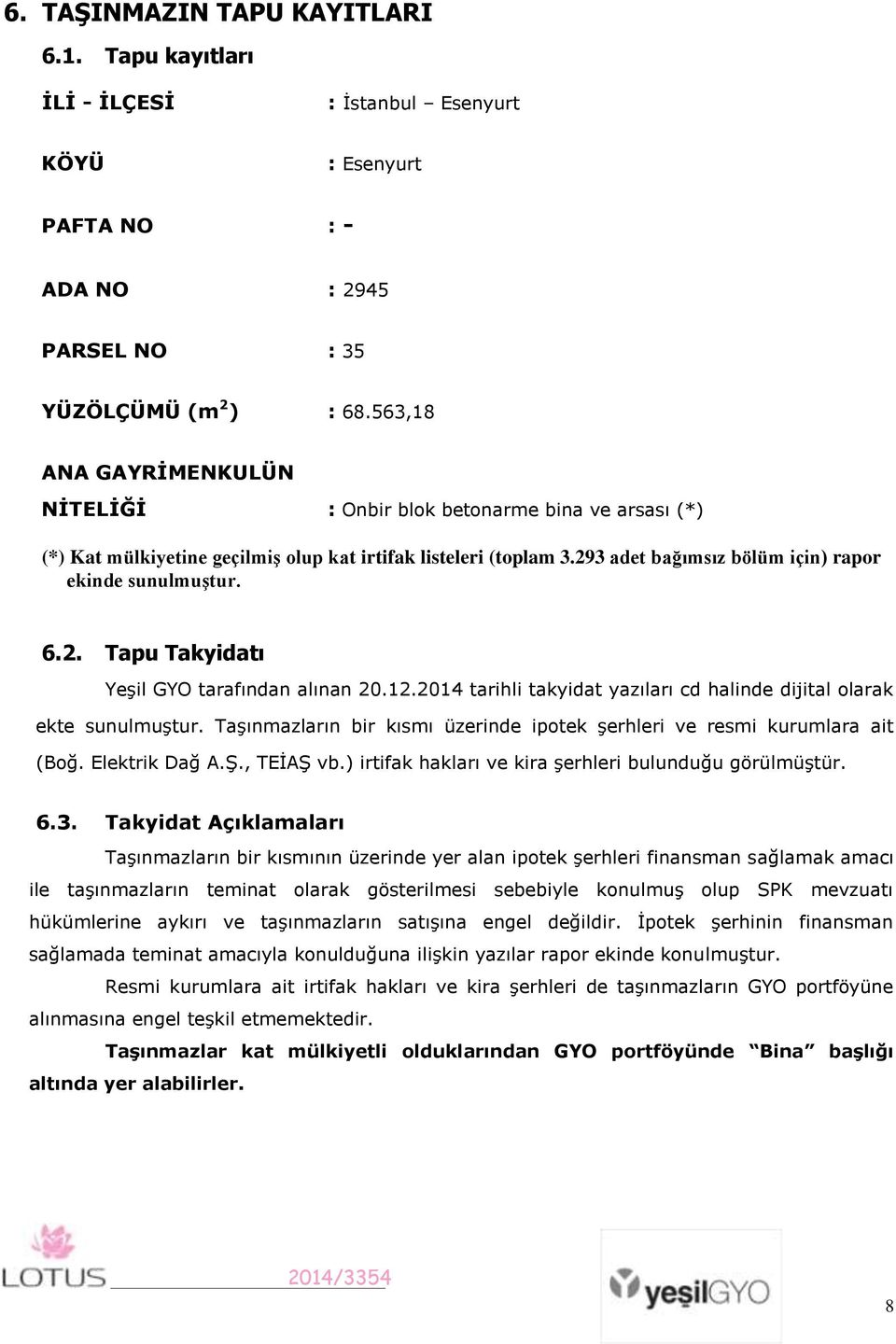 2. Tapu Takyidatı Yeşil GYO tarafından alınan 20.12.2014 tarihli takyidat yazıları cd halinde dijital olarak ekte sunulmuştur.