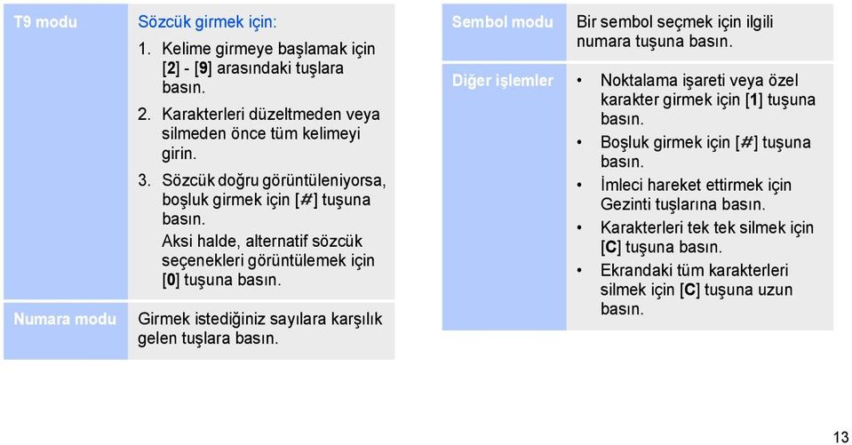 Girmek istediğiniz sayılara karşılık gelen tuşlara basın. Sembol modu Bir sembol seçmek için ilgili numara tuşuna basın.