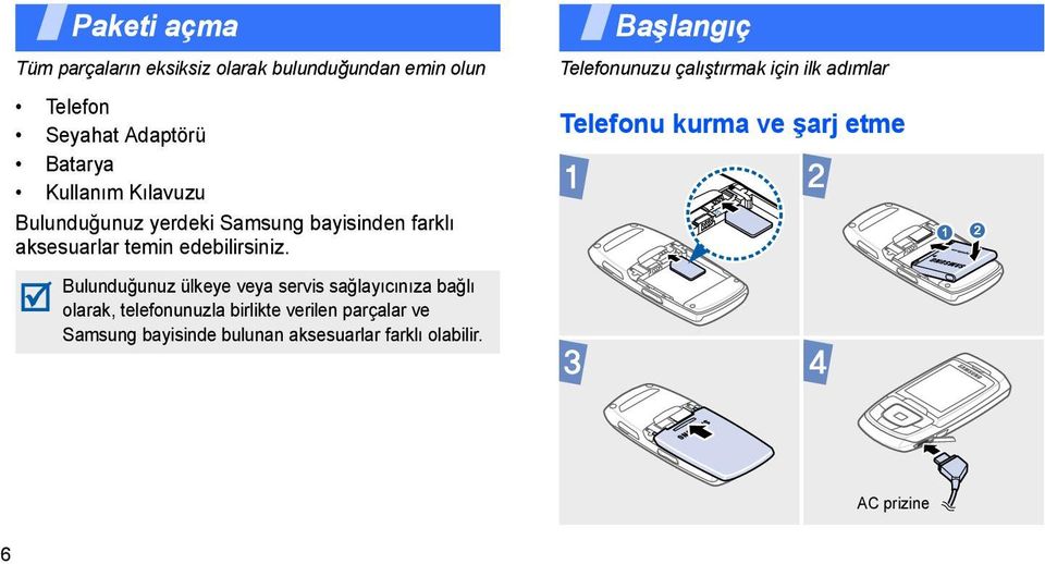 Bulunduğunuz ülkeye veya servis sağlayıcınıza bağlı olarak, telefonunuzla birlikte verilen parçalar ve Samsung