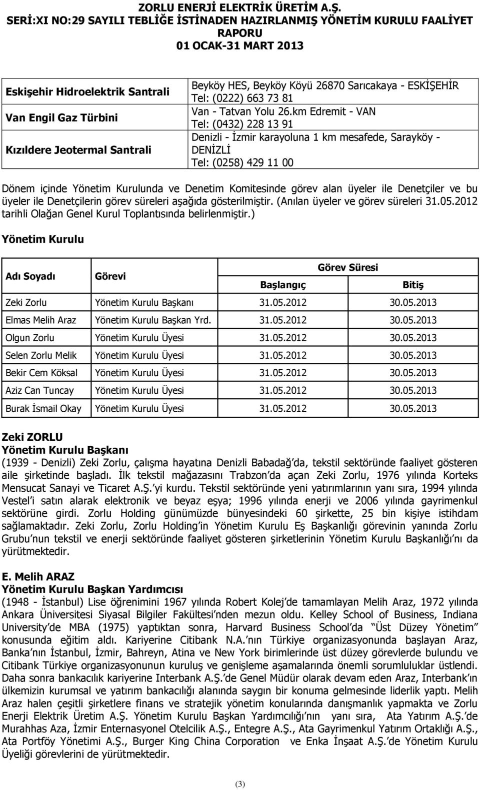 Denetçiler ve bu üyeler ile Denetçilerin görev süreleri aşağıda gösterilmiştir. (Anılan üyeler ve görev süreleri 31.05.2012 tarihli Olağan Genel Kurul Toplantısında belirlenmiştir.