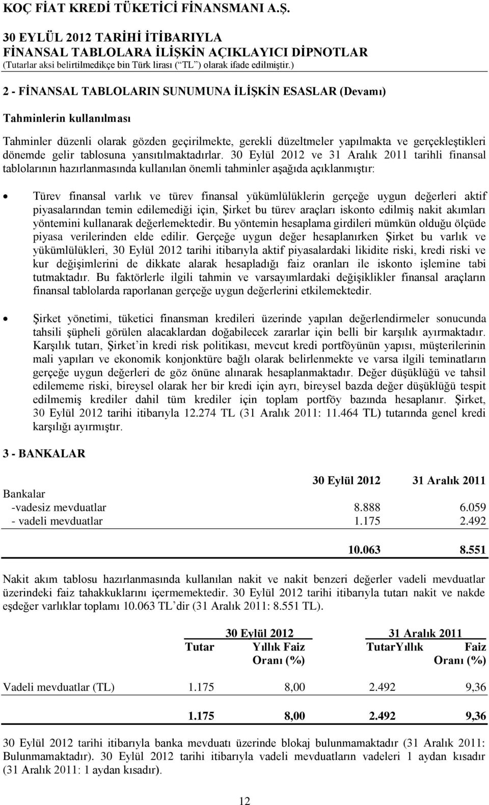 30 Eylül 2012 ve 31 Aralık 2011 tarihli finansal tablolarının hazırlanmasında kullanılan önemli tahminler aģağıda açıklanmıģtır: Türev finansal varlık ve türev finansal yükümlülüklerin gerçeğe uygun