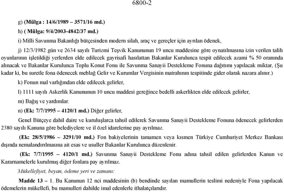 talih oyunlarının işletildiği yerlerden elde edilecek gayrisafi hasılattan Bakanlar Kurulunca tespit edilecek azami % 50 oranında alınacak ve Bakanlar Kurulunca Toplu Konut Fonu ile Savunma Sanayii