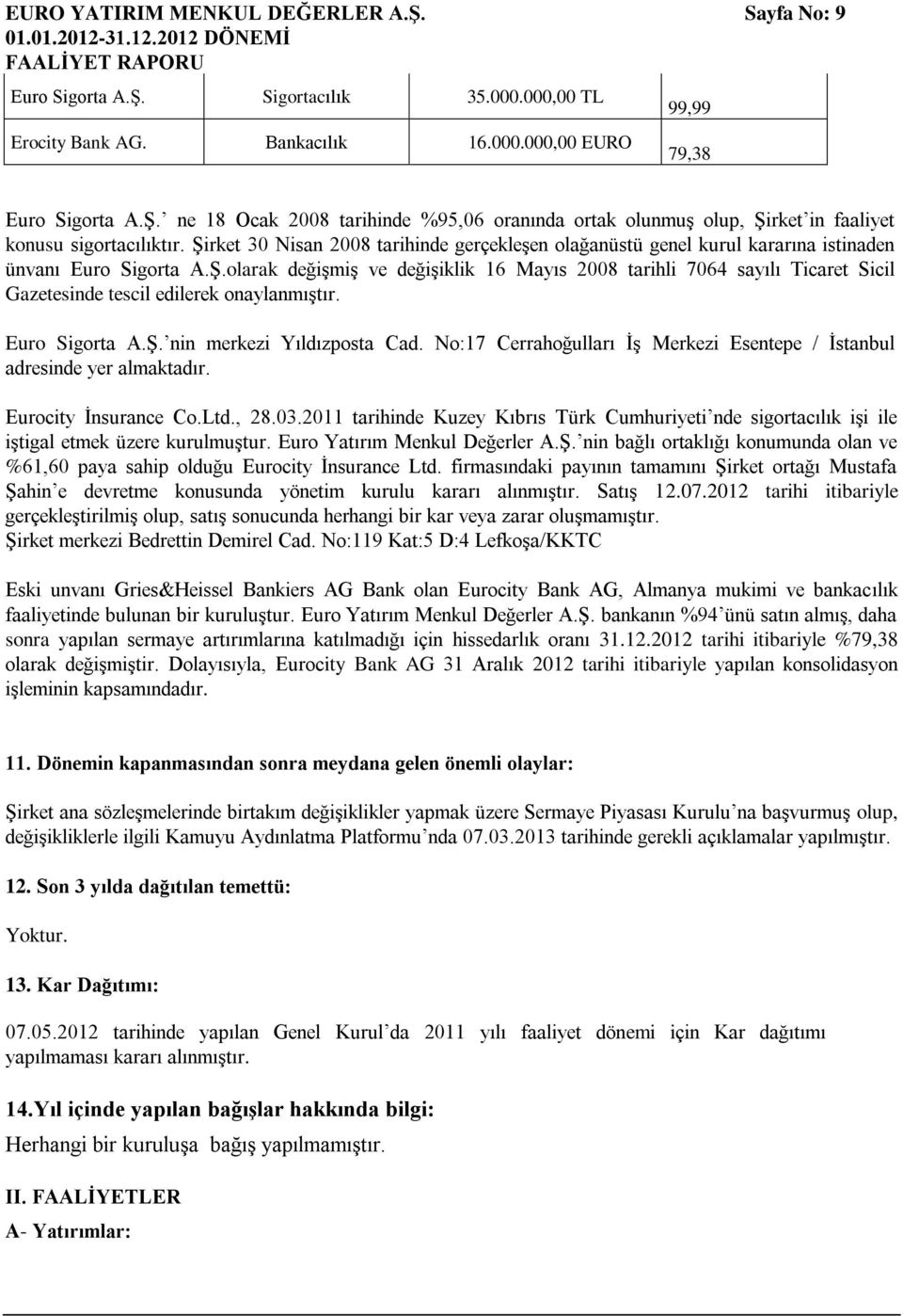 Şirket 30 Nisan 2008 tarihinde gerçekleşen olağanüstü genel kurul kararına istinaden ünvanı Euro Sigorta A.Ş.olarak değişmiş ve değişiklik 16 Mayıs 2008 tarihli 7064 sayılı Ticaret Sicil Gazetesinde tescil edilerek onaylanmıştır.