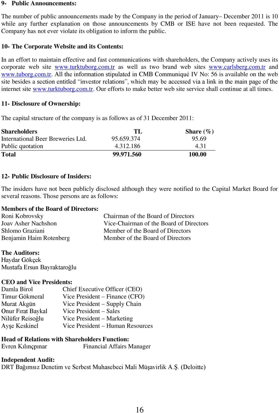 10- The Corporate Website and its Contents: In an effort to maintain effective and fast communications with shareholders, the Company actively uses its corporate web site www.turktuborg.com.tr as well as two brand web sites www.