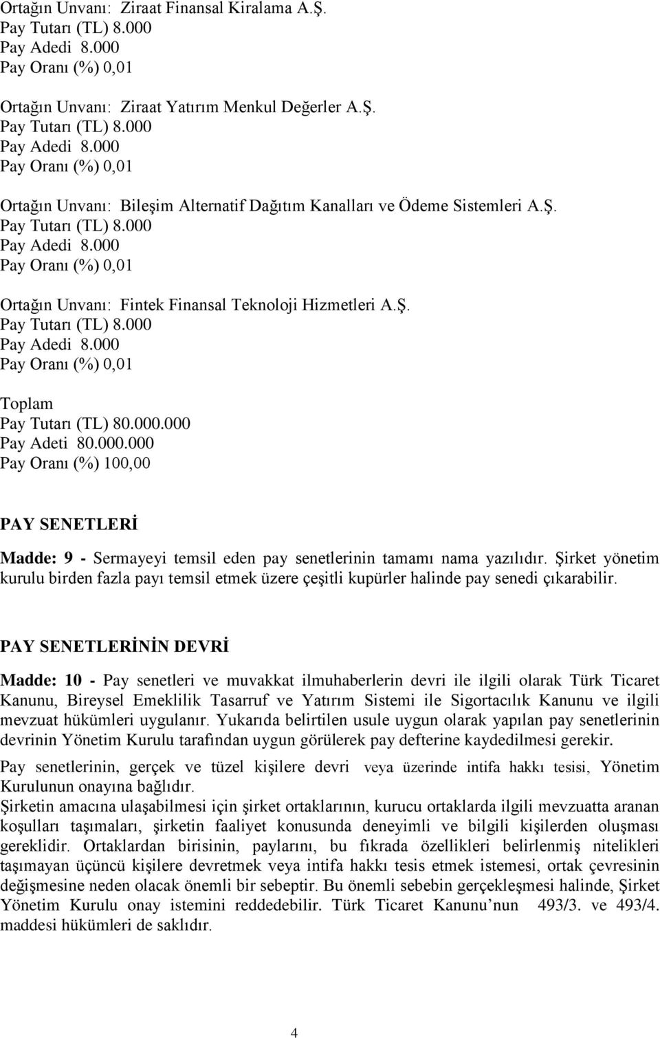 000.000 Pay Adeti 80.000.000 Pay Oranı (%) 100,00 PAY SENETLERİ Madde: 9 - Sermayeyi temsil eden pay senetlerinin tamamı nama yazılıdır.