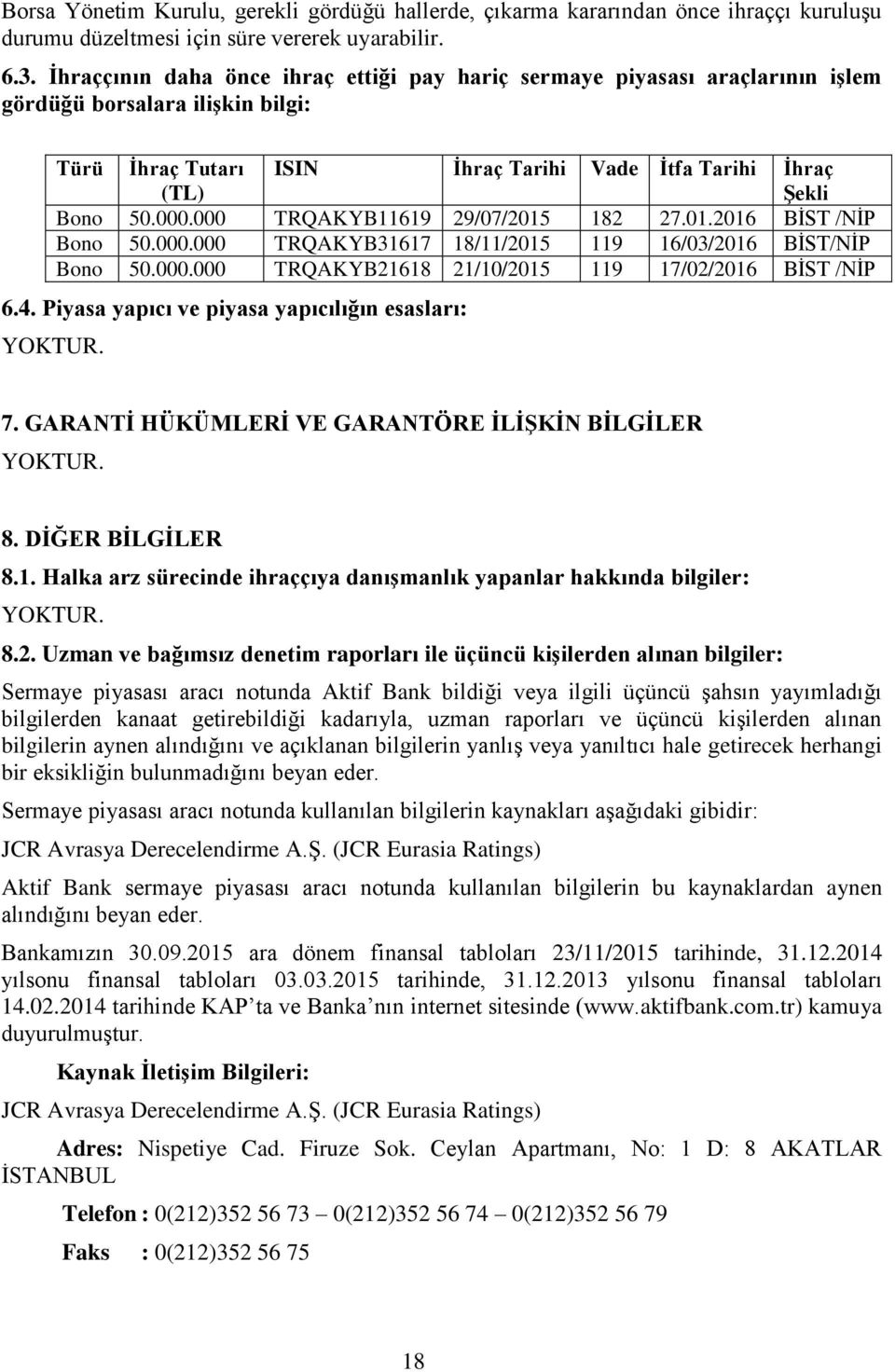 000 TRQAKYB11619 29/07/2015 182 27.01.2016 BİST /NİP Bono 50.000.000 TRQAKYB31617 18/11/2015 119 16/03/2016 BİST/NİP Bono 50.000.000 TRQAKYB21618 21/10/2015 119 17/02/2016 BİST /NİP 6.4.