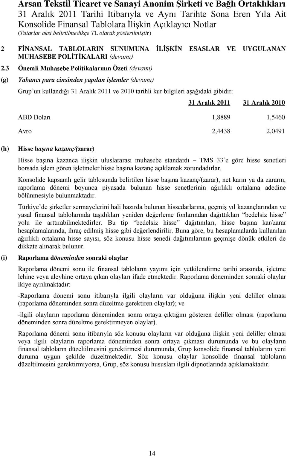 31 Aralık 2010 ABD Doları 1,8889 1,5460 Avro 2,4438 2,0491 (h) (i) Hisse başına kazanç/(zarar) Hisse başına kazanca ilişkin uluslararası muhasebe standardı TMS 33 e göre hisse senetleri borsada işlem