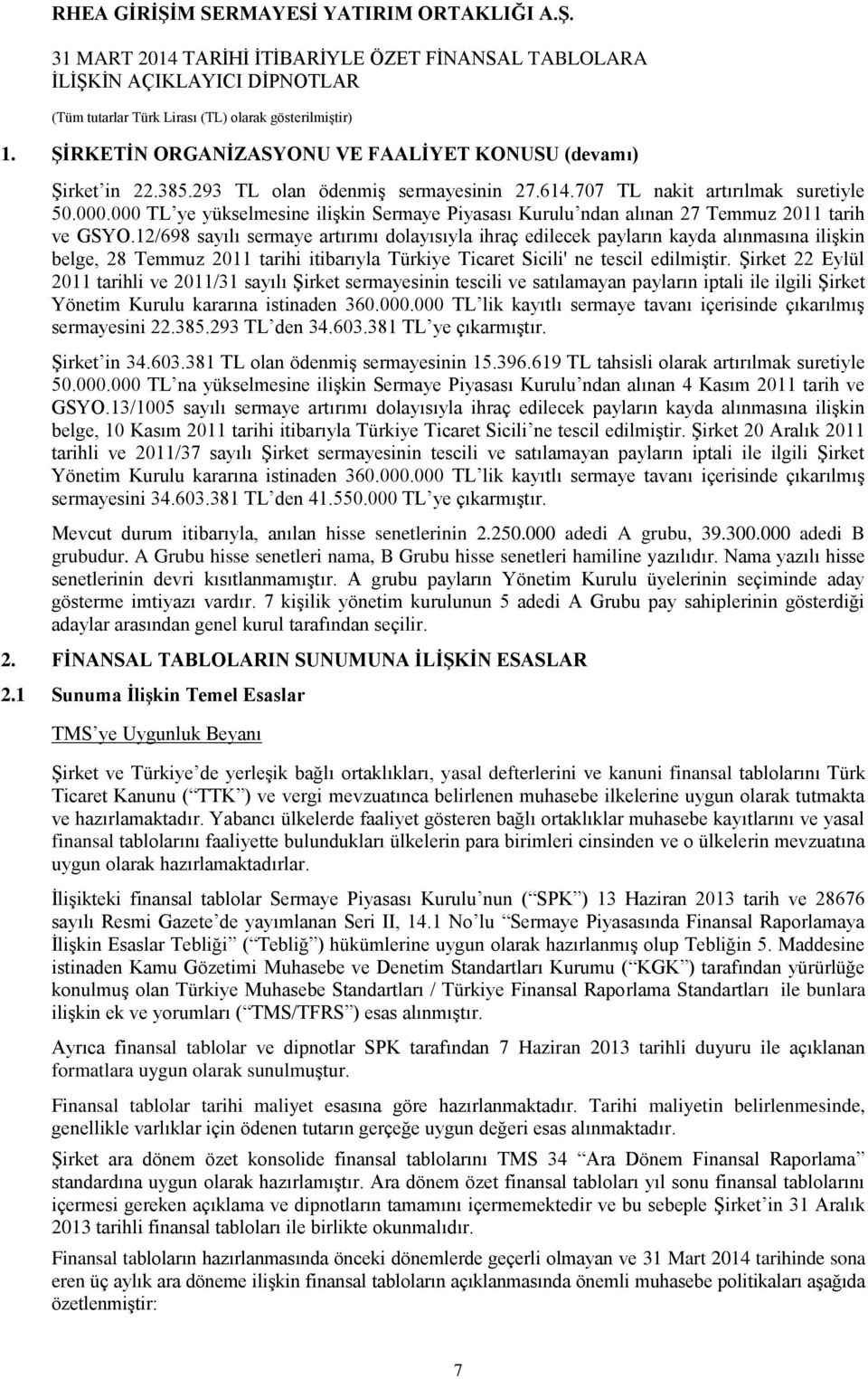 12/698 sayılı sermaye artırımı dolayısıyla ihraç edilecek payların kayda alınmasına ilişkin belge, 28 Temmuz 2011 tarihi itibarıyla Türkiye Ticaret Sicili' ne tescil edilmiştir.