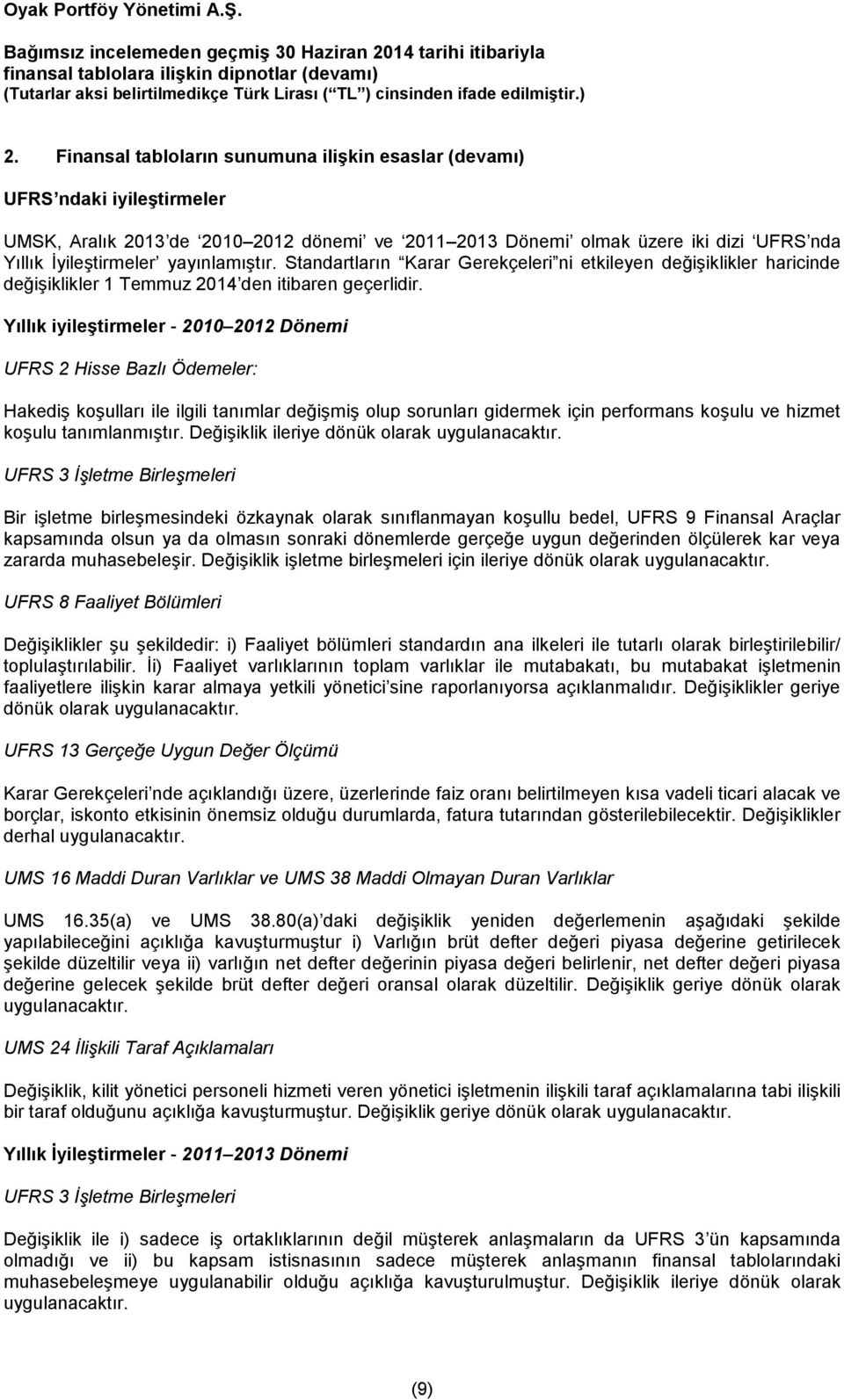 Yıllık iyileştirmeler 2010 2012 Dönemi UFRS 2 Hisse Bazlı Ödemeler: Hakediş koşulları ile ilgili tanımlar değişmiş olup sorunları gidermek için performans koşulu ve hizmet koşulu tanımlanmıştır.