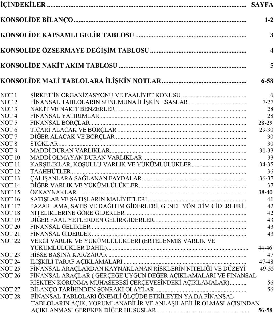 .. 28 NOT 5 FİNANSAL BORÇLAR... 28-29 NOT 6 TİCARİ ALACAK VE BORÇLAR... 29-30 NOT 7 DİĞER ALACAK VE BORÇLAR... 30 NOT 8 STOKLAR... 30 NOT 9 MADDİ DURAN VARLIKLAR.