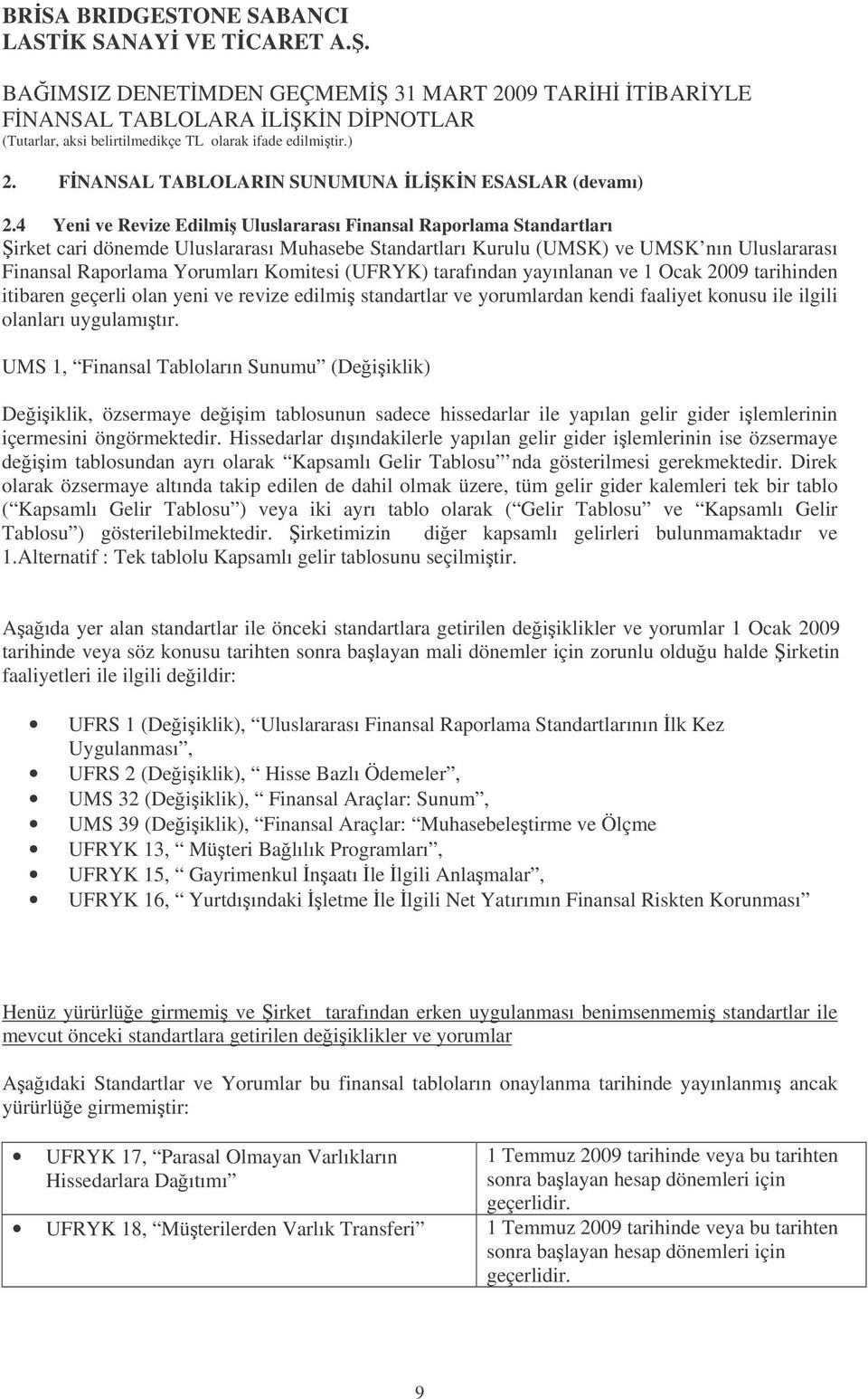 (UFRYK) tarafından yayınlanan ve 1 Ocak 2009 tarihinden itibaren geçerli olan yeni ve revize edilmi standartlar ve yorumlardan kendi faaliyet konusu ile ilgili olanları uygulamıtır.