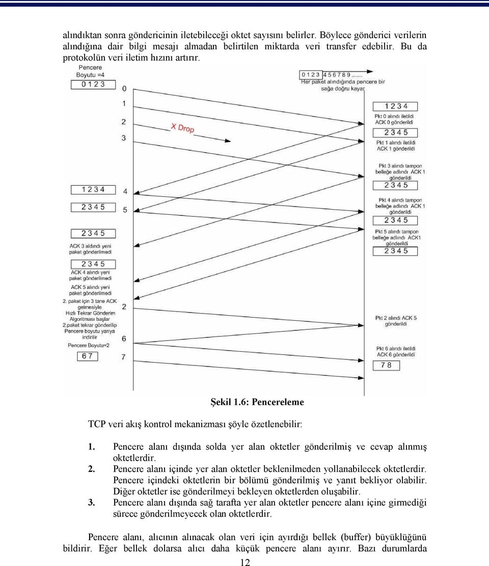 Pencere alanı dışında solda yer alan oktetler gönderilmiş ve cevap alınmış oktetlerdir. 2. Pencere alanı içinde yer alan oktetler beklenilmeden yollanabilecek oktetlerdir.