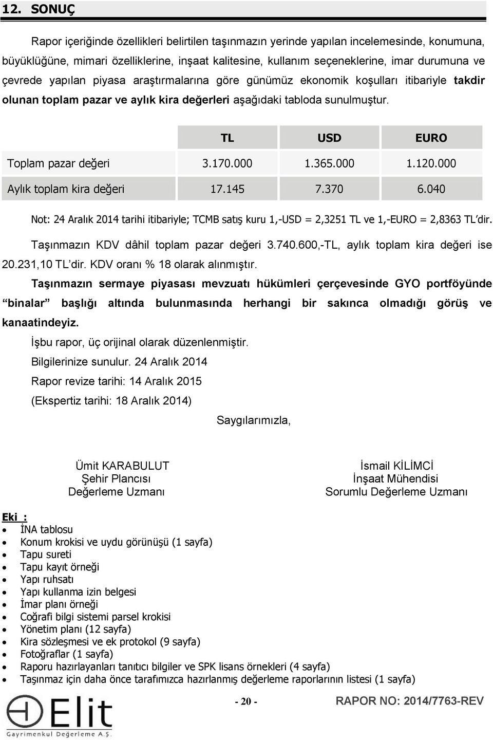 170.000 1.365.000 1.120.000 Aylık toplam kira değeri 17.145 7.370 6.040 Not: 24 Aralık 2014 tarihi itibariyle; TCMB satış kuru 1,-USD = 2,3251 TL ve 1,-EURO = 2,8363 TL dir.