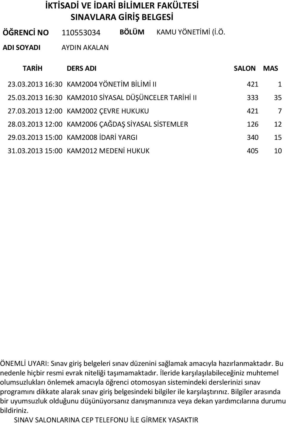 03.2013 12:00 KAM2006 ÇAĞDAŞ SİYASAL SİSTEMLER 126 12 29.03.2013 15:00 KAM2008 İDARİ YARGI 340 15 31.