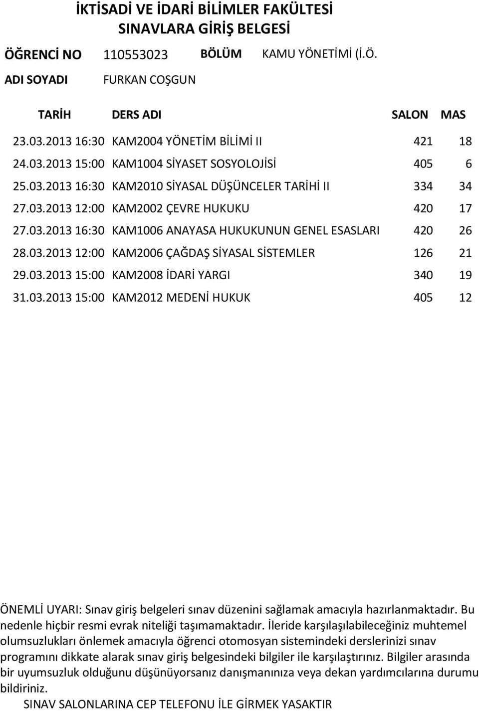 03.2013 12:00 KAM2006 ÇAĞDAŞ SİYASAL SİSTEMLER 126 21 29.03.2013 15:00 KAM2008 İDARİ YARGI 340 19 31.03.2013 15:00 KAM2012 MEDENİ HUKUK 405 12