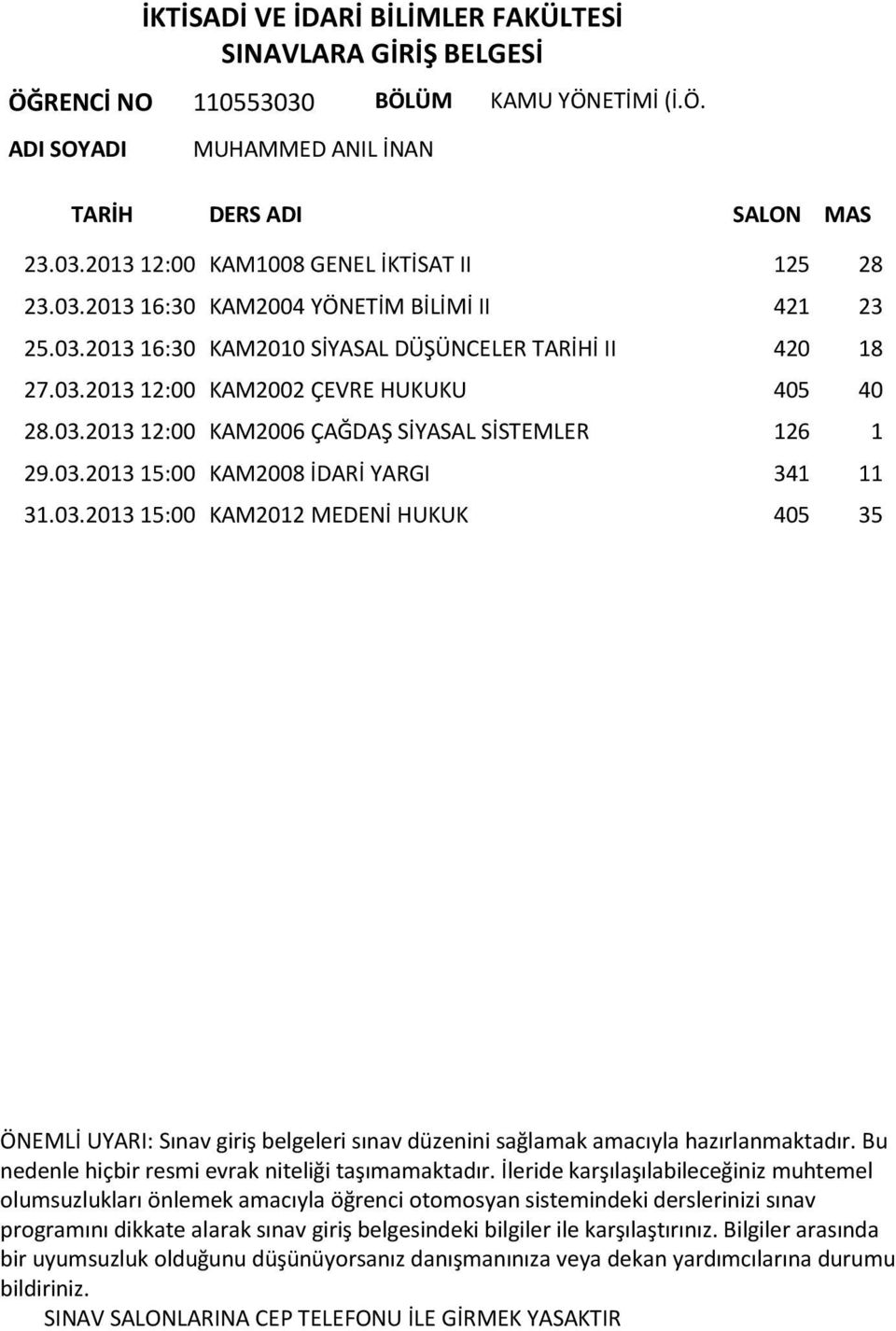 03.2013 12:00 KAM2002 ÇEVRE HUKUKU 405 40 28.03.2013 12:00 KAM2006 ÇAĞDAŞ SİYASAL SİSTEMLER 126 1 29.