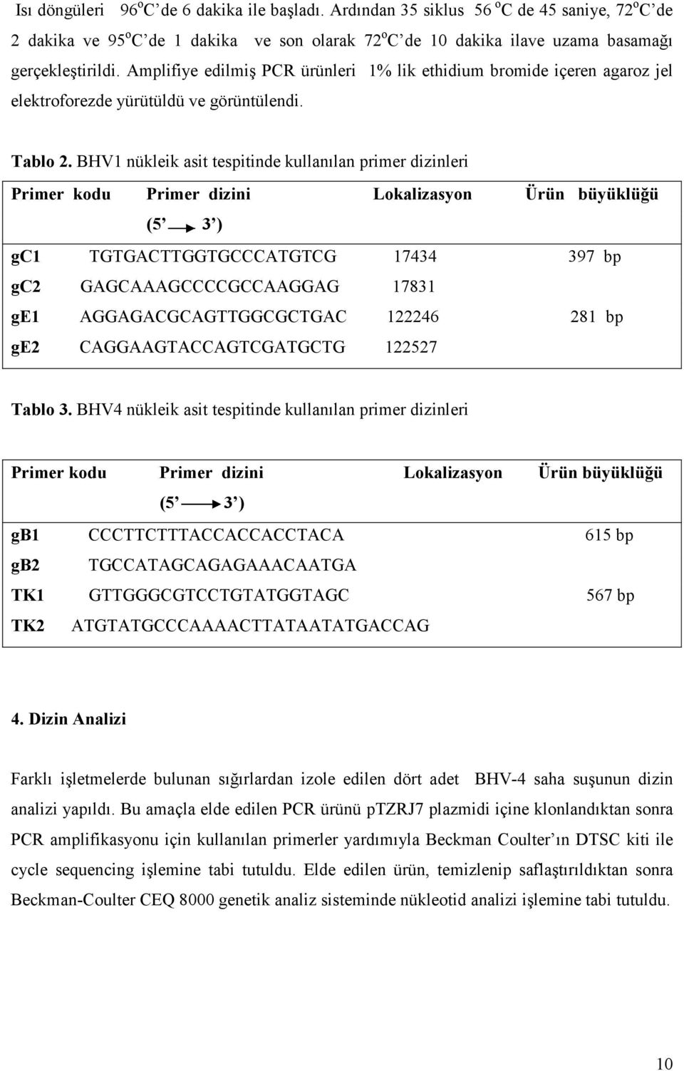 BHV1 nükleik asit tespitinde kullanılan primer dizinleri Primer kodu Primer dizini Lokalizasyon Ürün büyüklüğü (5 3 ) gc1 TGTGACTTGGTGCCCATGTCG 17434 397 bp gc2 GAGCAAAGCCCCGCCAAGGAG 17831 ge1
