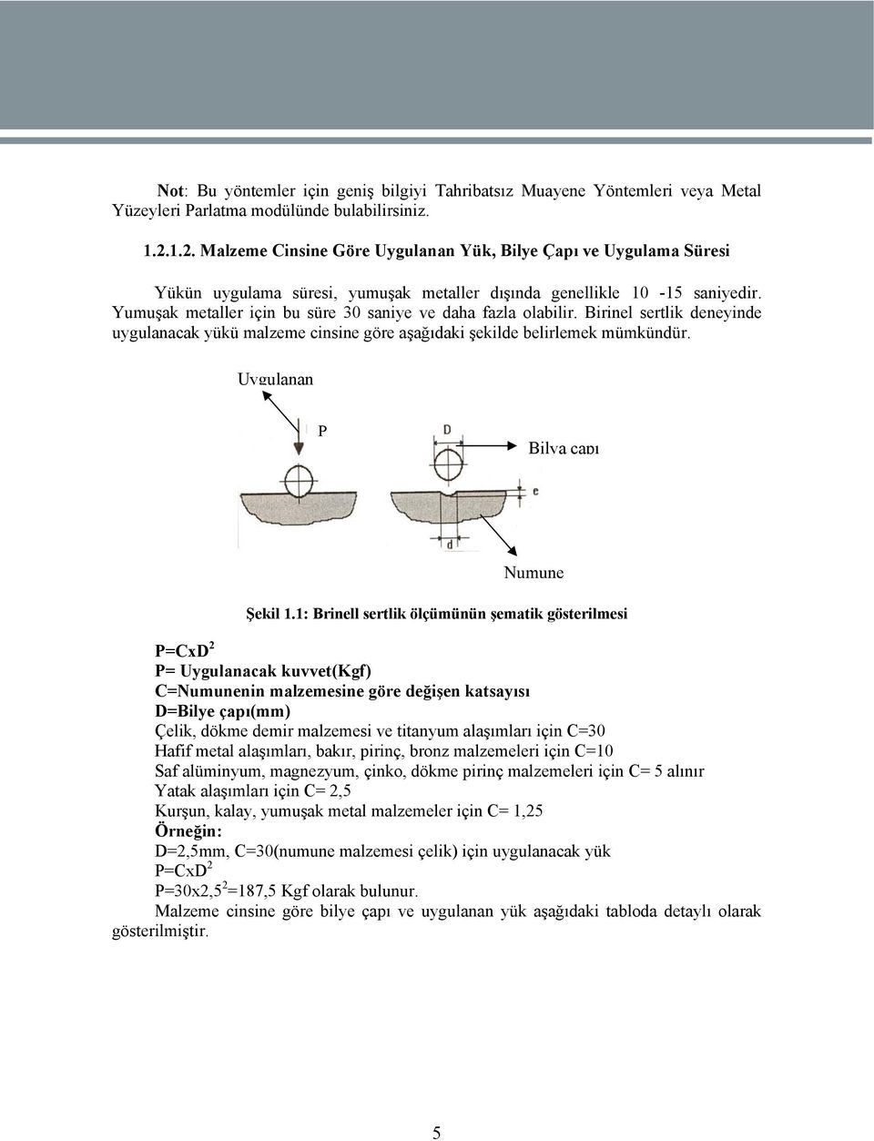 Yumuşak metaller için bu süre 30 saniye ve daha fazla olabilir. Birinel sertlik deneyinde uygulanacak yükü malzeme cinsine göre aşağıdaki şekilde belirlemek mümkündür.