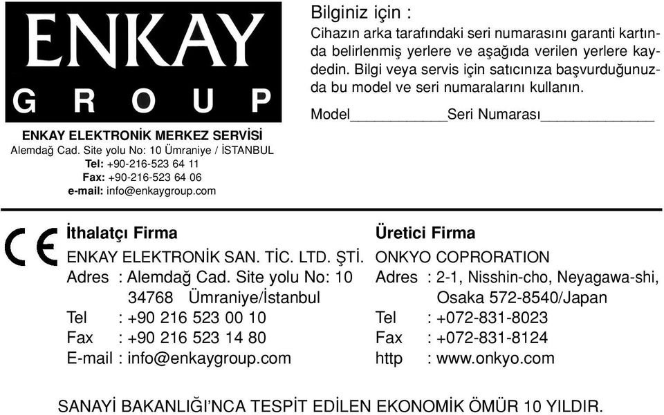 Bilgi veya servis için sat c n za baflvurdu unuzda bu model ve seri numaralar n kullan n. Model Seri Numaras thalatç Firma ENKAY ELEKTRON K SAN. T C. LTD. fit. Adres : Alemda Cad.