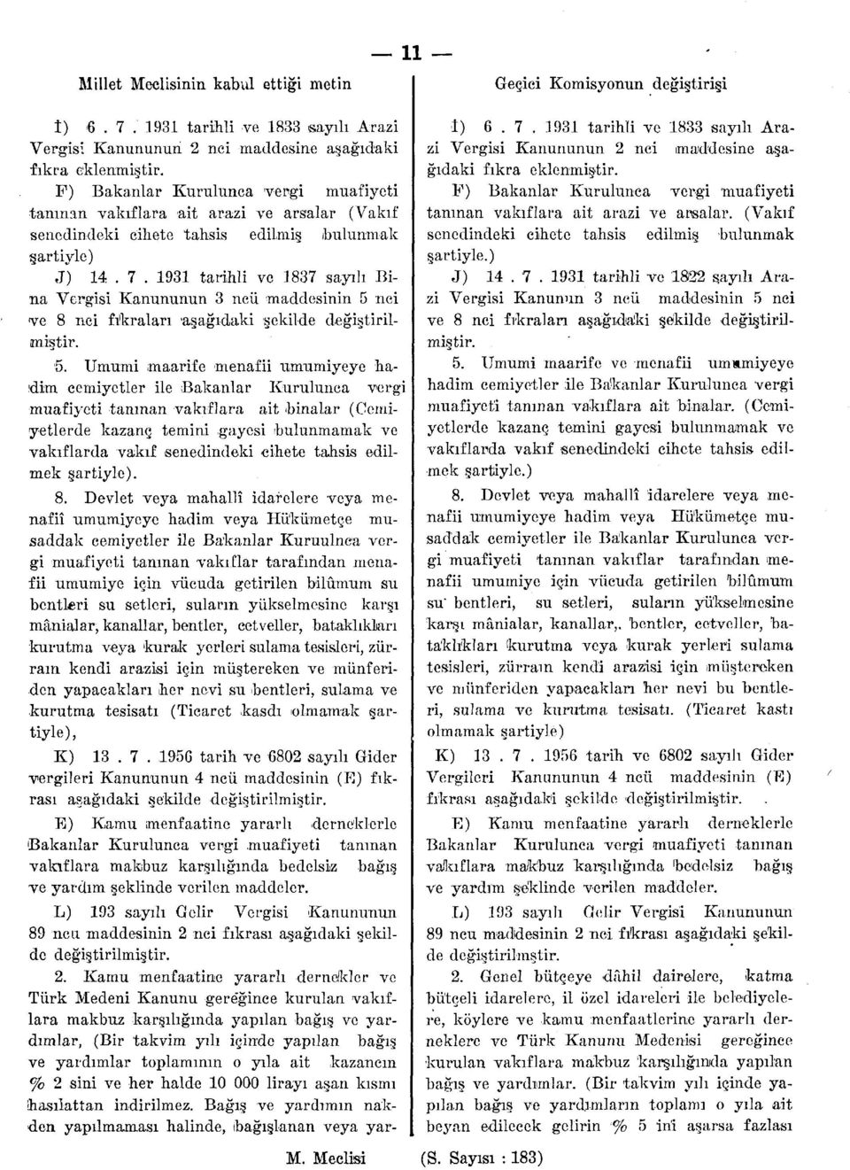 1931 tarihli ve 1837 sayılı Bina Vergisi Kanununun 3 ncü maddesinin 5 