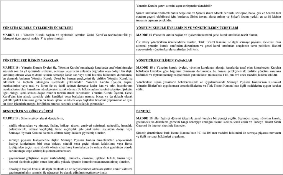 ilzama yetkili en az iki kiģinin imzasını taģıması gereklidir. YÖNETĠM KURULU ÜYELERĠNĠN ÜCRETLERĠ MADDE 16 : Yönetim Kurulu baģkan ve üyelerinin ücretleri Genel Kurul ca tesbitolunur.