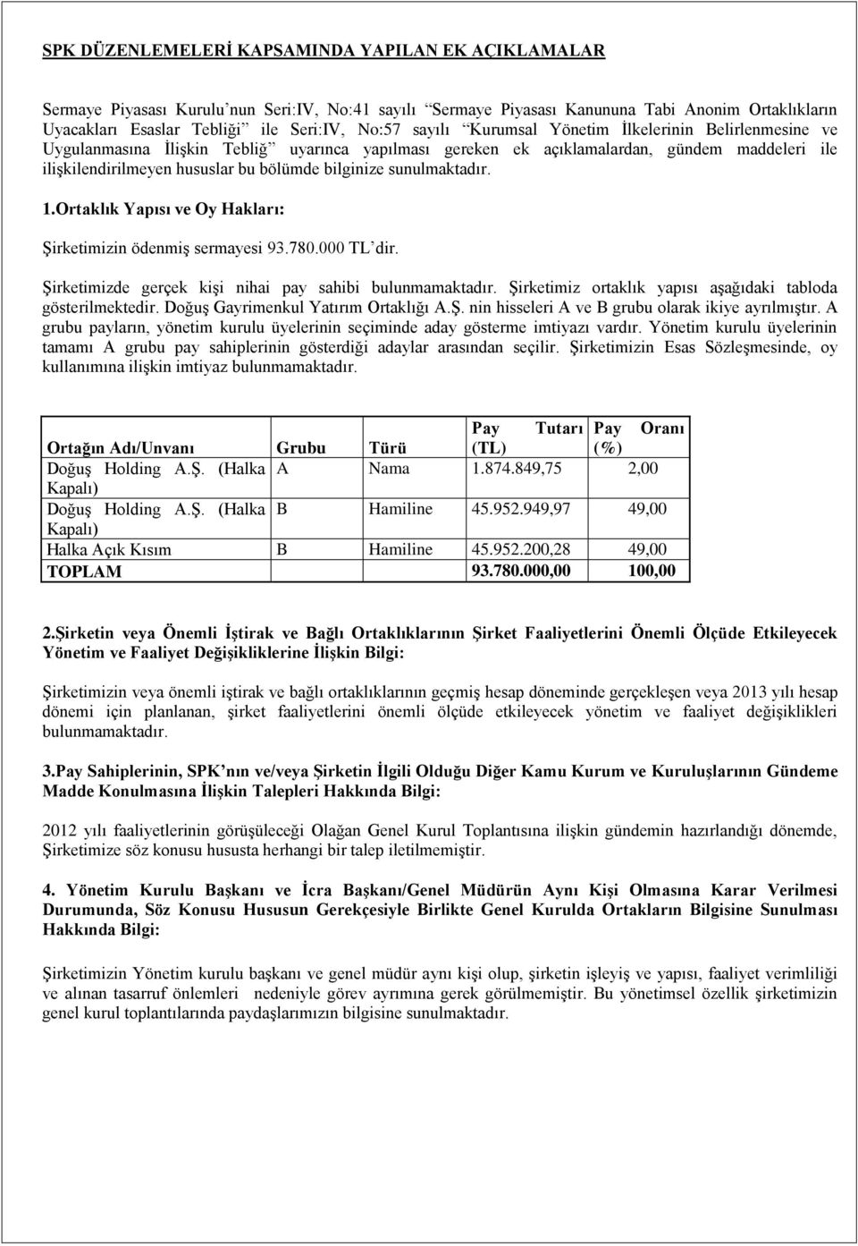 sunulmaktadır. 1.Ortaklık Yapısı ve Oy Hakları: ġirketimizin ödenmiģ sermayesi 93.780.000 TL dir. ġirketimizde gerçek kiģi nihai pay sahibi bulunmamaktadır.