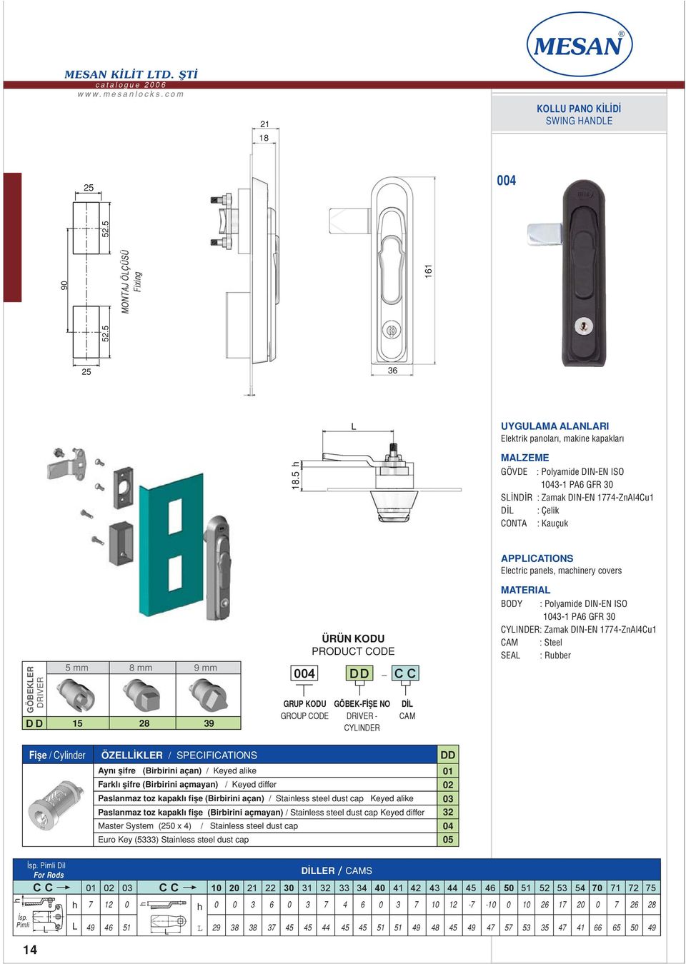 KODU PRODUCT CODE DD - GÖBEK-F fie NO DRIVER - CYINDER C C D CAM BODY : Polyamide DIN-EN ISO 14-1 PA6 GFR CYINDER: Zamak DIN-EN 14-ZnAl4Cu1 CAM : Steel SEA : Rubber Fifle / Cylinder ÖZE KER /