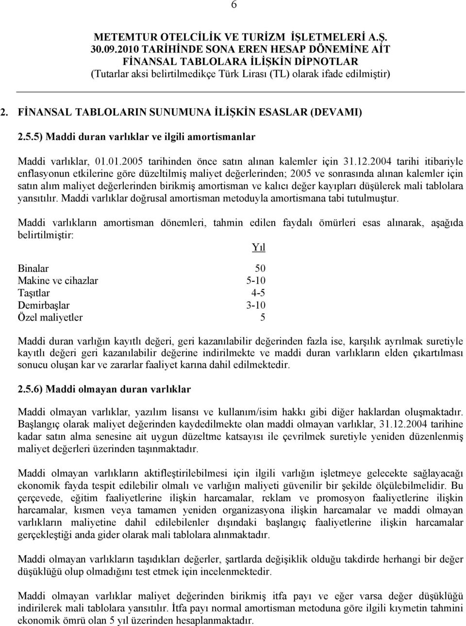 kayıpları düşülerek mali tablolara yansıtılır. Maddi varlıklar doğrusal amortisman metoduyla amortismana tabi tutulmuştur.