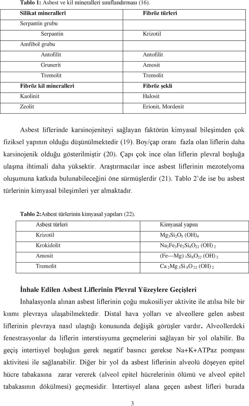 Erionit, Mordenit Asbest liflerinde karsinojeniteyi sağlayan faktörün kimyasal bileşimden çok fiziksel yapının olduğu düşünülmektedir (19).