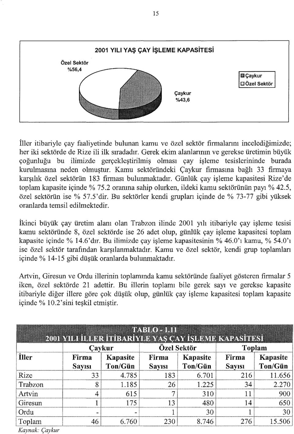 Kamu sektöründeki Çaykur firmasına bağlı 33 firmaya karşılık özel sektörün ı 83 firması bulunmaktadır. Günlük çay işleme kapasitesi Rize' de toplam kapasite içinde% 75.