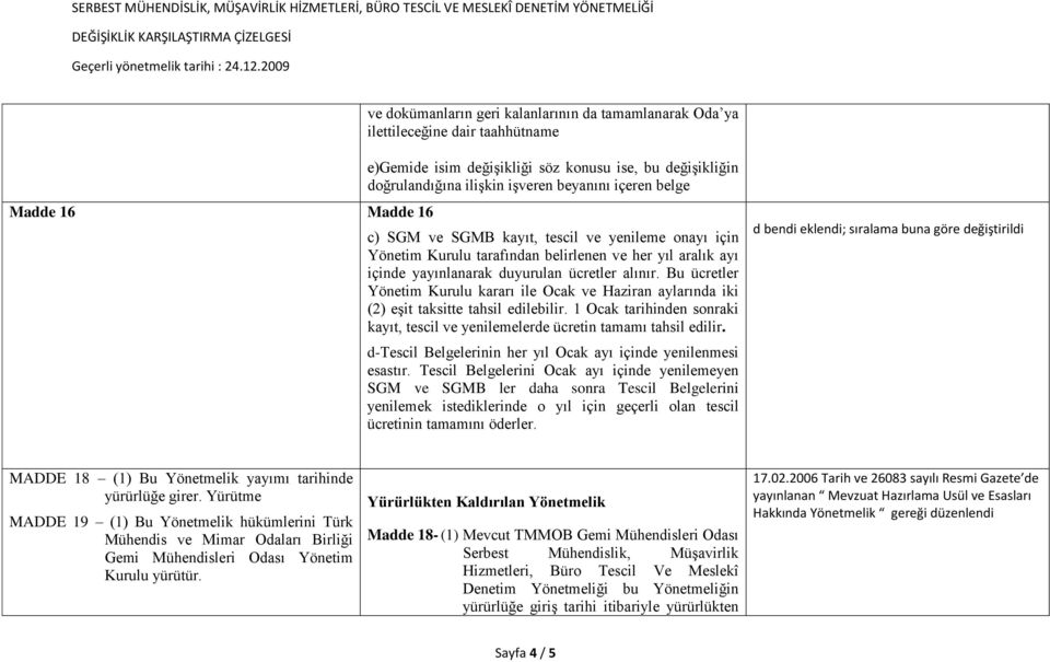 Bu ücretler Yönetim Kurulu kararı ile Ocak ve Haziran aylarında iki (2) eşit taksitte tahsil edilebilir. 1 Ocak tarihinden sonraki kayıt, tescil ve yenilemelerde ücretin tamamı tahsil edilir.