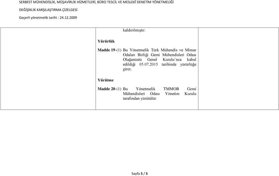 Mühendisleri Odası Olağanüstü Genel Kurulu nca kabul edildiği 05.07.