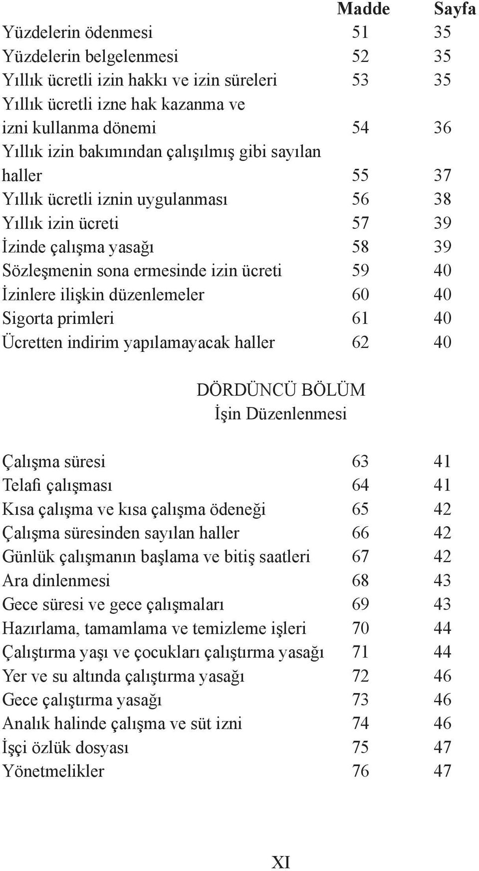 ilişkin düzenlemeler 60 40 Sigorta primleri 61 40 Ücretten indirim yapılamayacak haller 62 40 DÖRDÜNCÜ BÖLÜM İşin Düzenlenmesi Çalışma süresi 63 41 Telafi çalışması 64 41 Kısa çalışma ve kısa çalışma