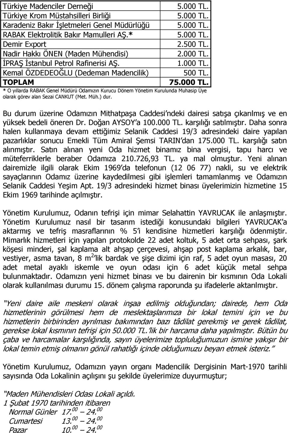 000 TL. 500 TL. 75.000 TL. * O yıllarda RABAK Genel Müdürü Odamızın Kurucu Dönem Yönetim Kurulunda Muhasip Üye olarak görev alan Sezai CANKUT (Met. Müh.) dur.