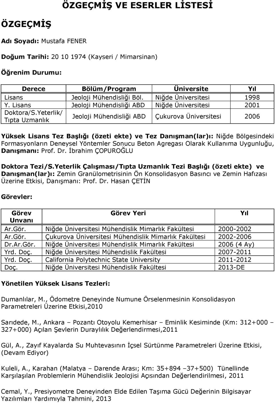 Yeterlik/ Tıpta Uzmanlık Jeoloji Mühendisliği ABD Çukurova Üniversitesi 2006 Yüksek Lisans Tez Başlığı (özeti ekte) ve Tez Danışman(lar)ı: Niğde Bölgesindeki Formasyonların Deneysel Yöntemler Sonucu