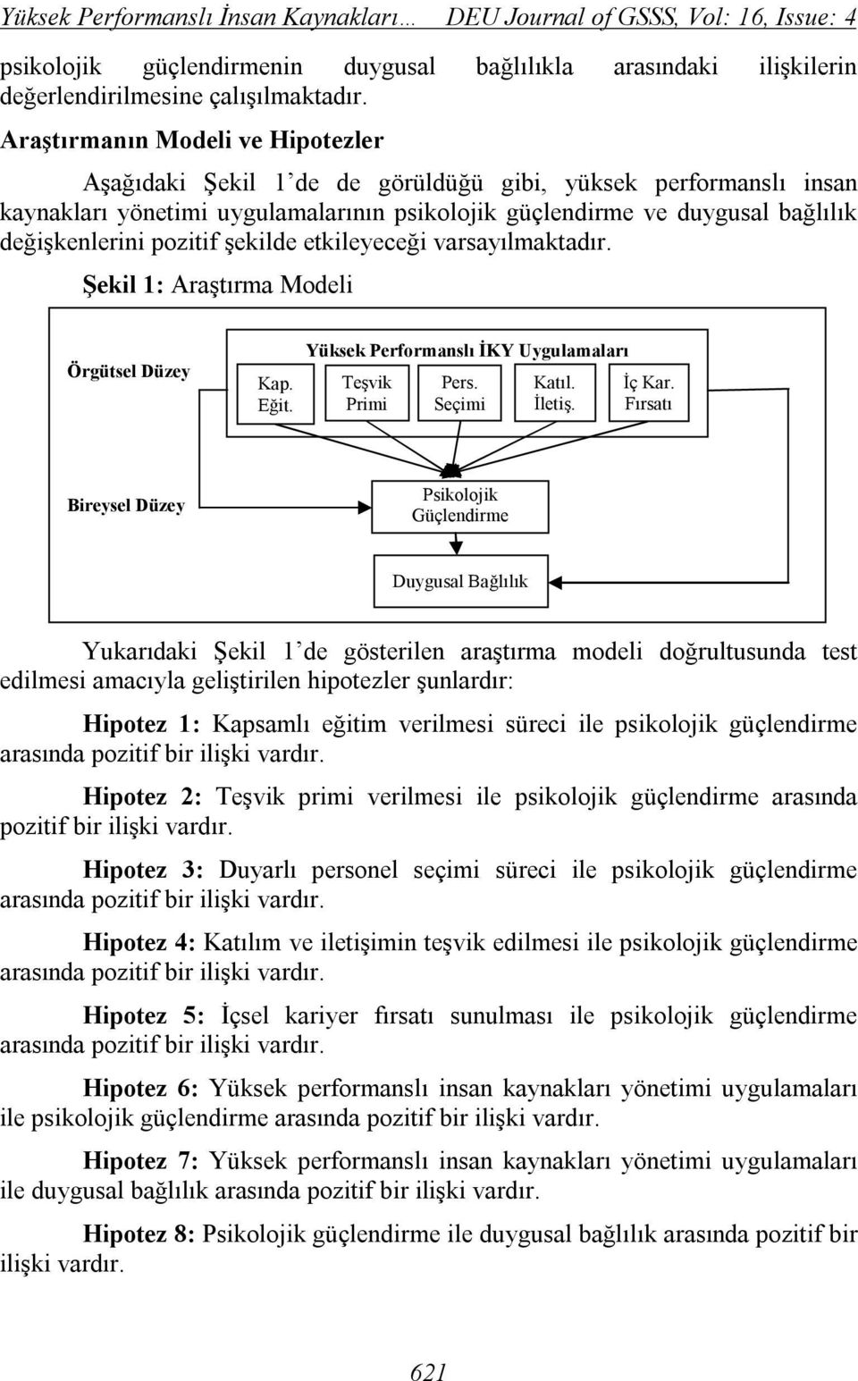 pozitif şekilde etkileyeceği varsayılmaktadır. Şekil 1: Araştırma Modeli Örgütsel Düzey Kap. Eğit. Yüksek Performanslı İKY Uygulamaları Teşvik Primi Pers. Seçimi Katıl. İletiş. İç Kar.