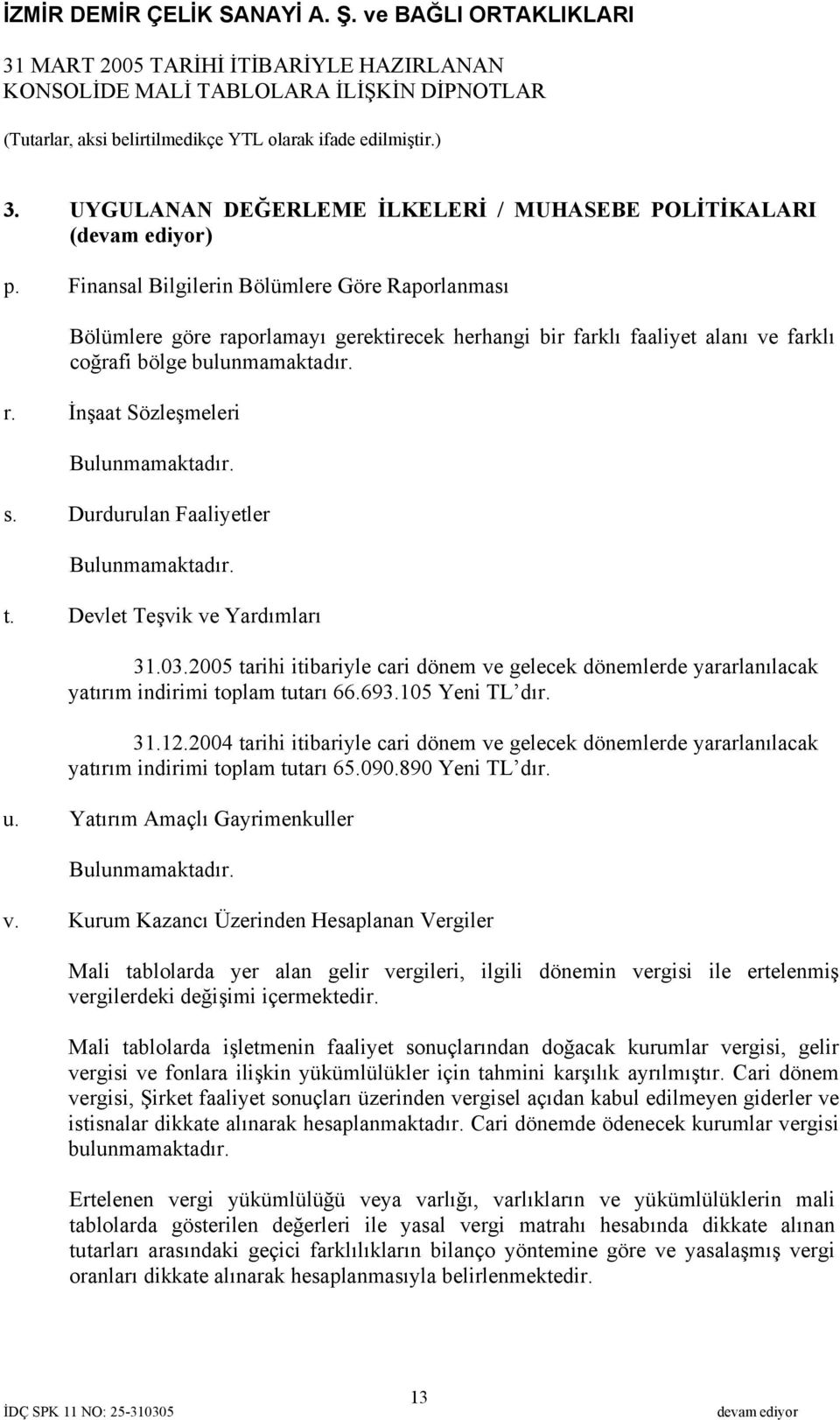 s. Durdurulan Faaliyetler Bulunmamaktadır. t. Devlet Teşvik ve Yardımları 31.03. tarihi itibariyle cari dönem ve gelecek dönemlerde yararlanılacak yatırım indirimi toplam tutarı 66.693.