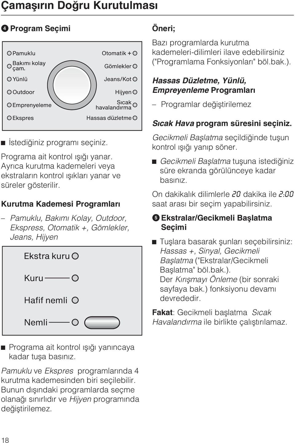 Ayrýca kurutma kademeleri veya ekstralarýn kontrol ýþýklarý yanar ve süreler gösterilir.