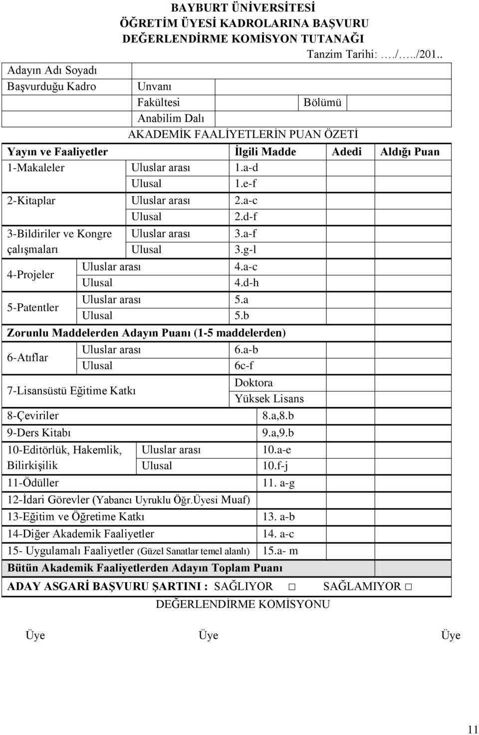 d-f 3-Bildiriler ve Kongre çalışmaları 4-Projeler 5-Patentler 3.a-f 3.g-l 4.a-c 4.d-h 5.a 5.b Zorunlu Maddelerden Adayın Puanı (1-5 maddelerden) 6.