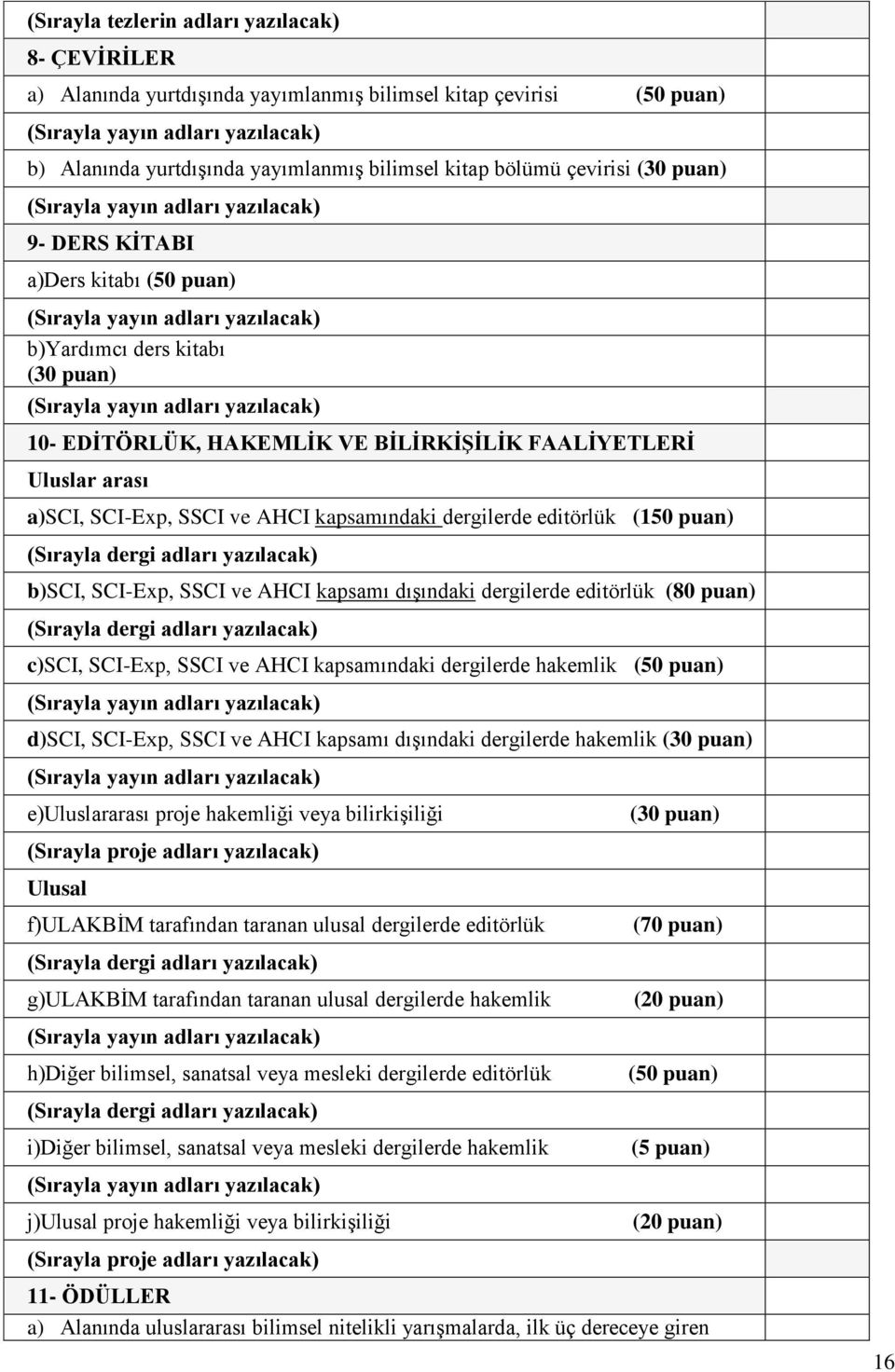 (Sırayla dergi adları yazılacak) b)sci, SCI-Exp, SSCI ve AHCI kapsamı dışındaki dergilerde editörlük (80 puan) (Sırayla dergi adları yazılacak) c)sci, SCI-Exp, SSCI ve AHCI kapsamındaki dergilerde