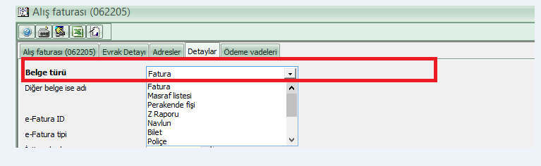 Alış faturası Müstahsil Makbuzu Alış/Satış faturası Navlun Diğer Tüm evraklar Navlun (Detaylar/Belge türü/navlun) Other(Diğer evrak adı Müstahsil Makbuzu) Other (Diğer) (Detaylar/Belge türü/fatura ve