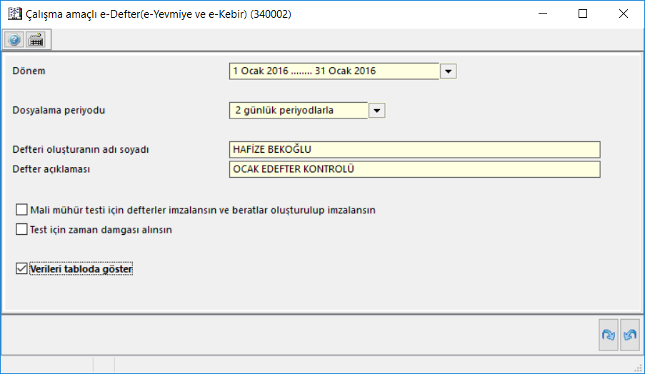 **Muhasebe fişinde verileri tabloda göster : Muhasebe fişi içerisinde, sol alt köşede yer alan e-defter verilerini tabloda göster seçeneği ile kayıtlı fişin e-defter xml sine hangi detaylarla