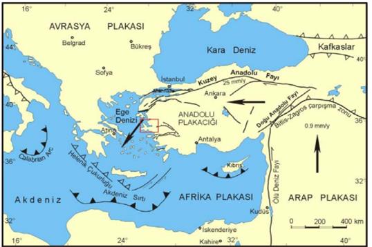 Şekil 1.2. Doğu Akdenizin güncel tektoniğini kontrol eden gösterir harita (Okay vd., 2000 den alınmıştır).