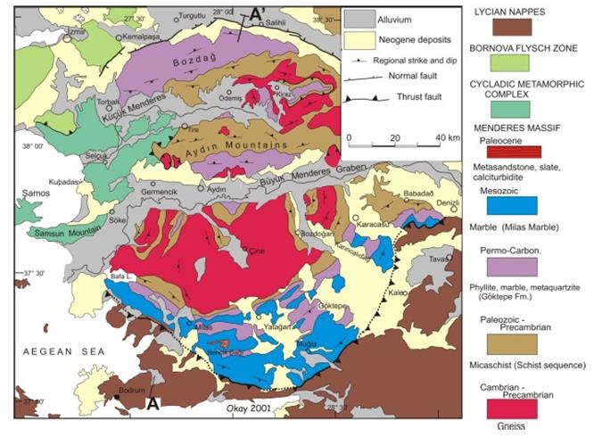 Şekil 1.3. Batı Anadolu nun temel kayalarını oluşturan birimler (Okay, 2001). Gnays b i r i m i n i, uyumlu o l a r a k metavolkanitler (dar anlamda leptitler) üstler.