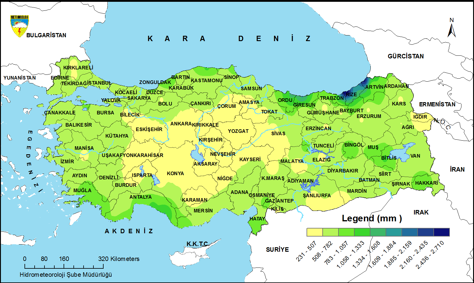2. GENEL DURUM yılında Türkiye yağış dağılışına baktığımızda (Şekil 3) Doğu Karadeniz Bölgesi nde Giresun, Rize ve Hopa ya uzanan hatta yağış 164 mm ile 2714 mm arasında, Muğla, Alanya, Antakya ve