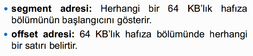 CPU, segment register ı 10h ile çarpar ve genel amaçlı register da bulunan değeri de ilave eder. (1230h 10h + 45h = 12345h).