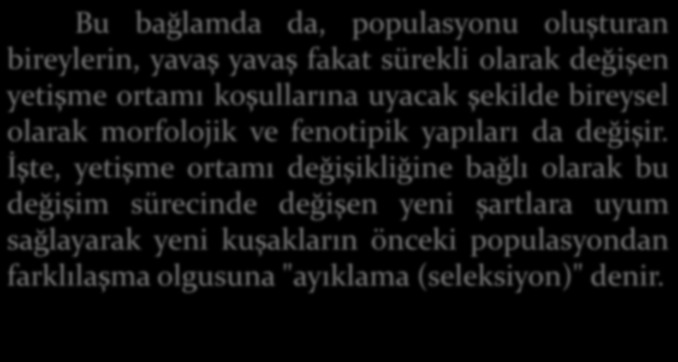 Bu bağlamda da, populasyonu oluşturan bireylerin, yavaş yavaş fakat sürekli olarak değişen yetişme ortamı koşullarına uyacak şekilde bireysel olarak morfolojik ve fenotipik yapıları da değişir.