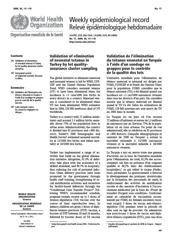 24 Nisan 2009 tarihinde maternal ve neonatal tetanozun